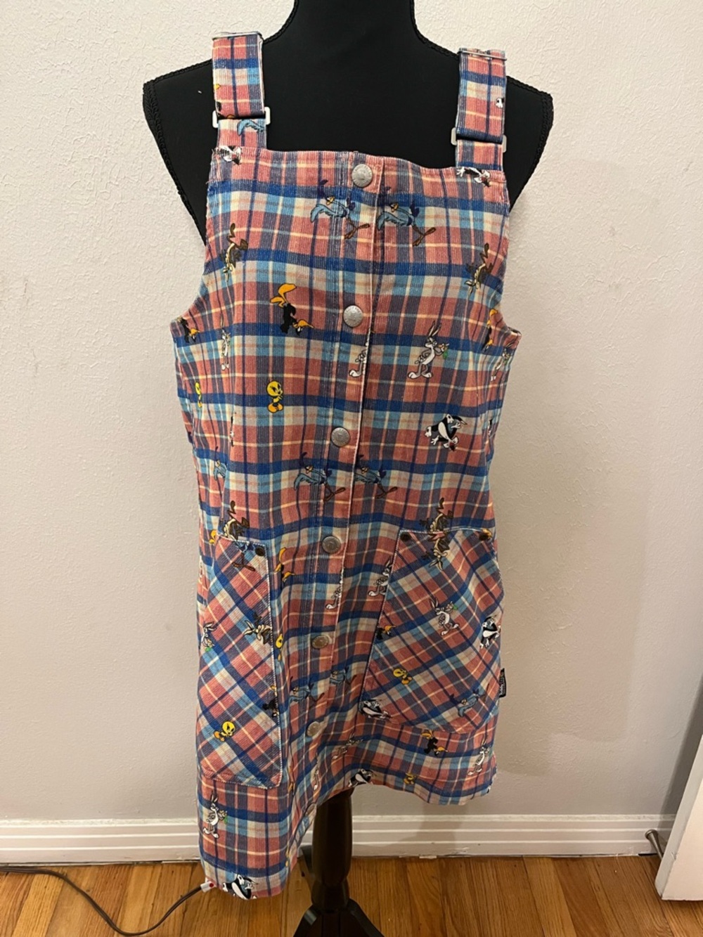 Teddy Fresh x Looney Tunes Plaid Overall Corduroy Dress Size M EUC